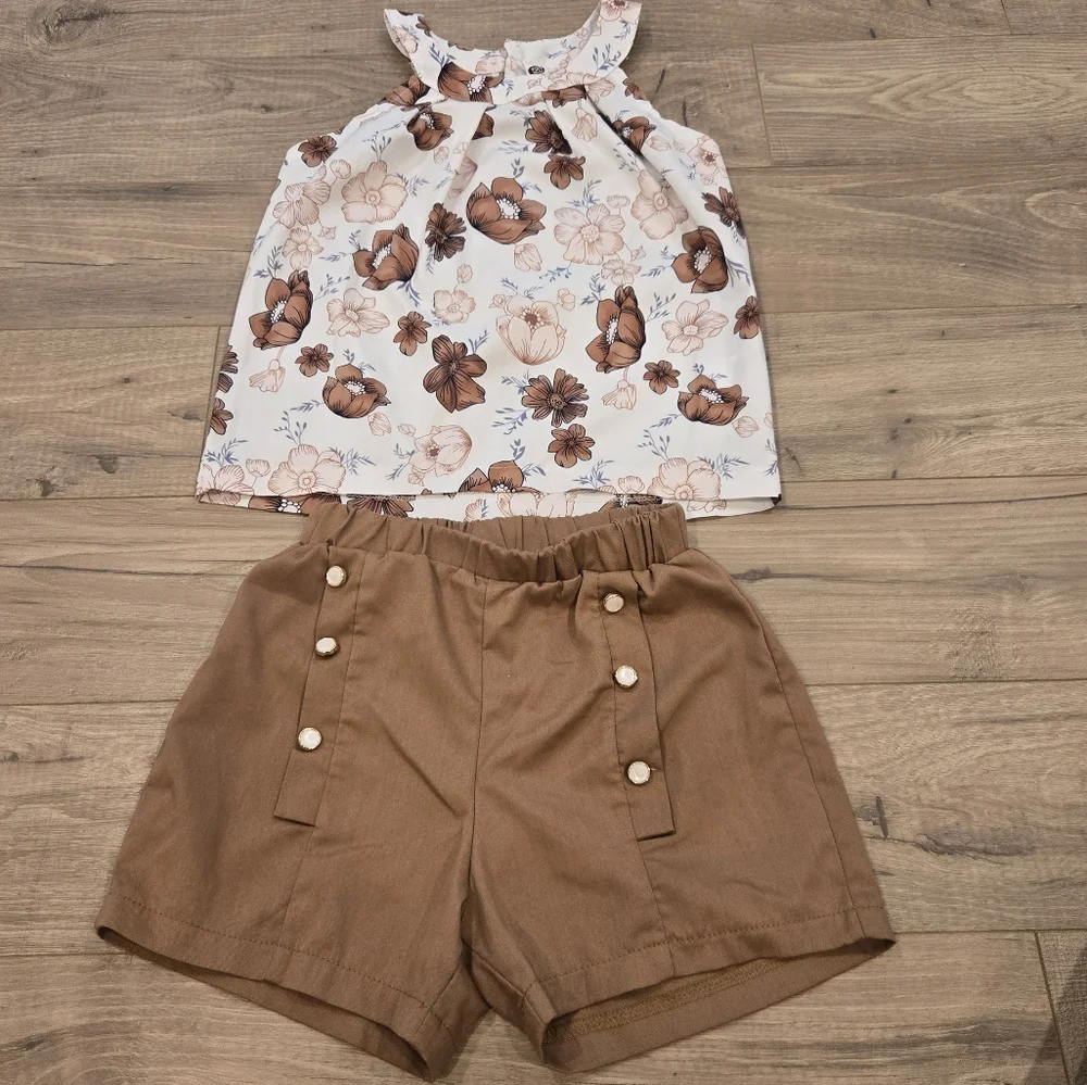 Boho Floral Summer Outfit Set  Sleeveless Top & Brown Shorts Size 5/6